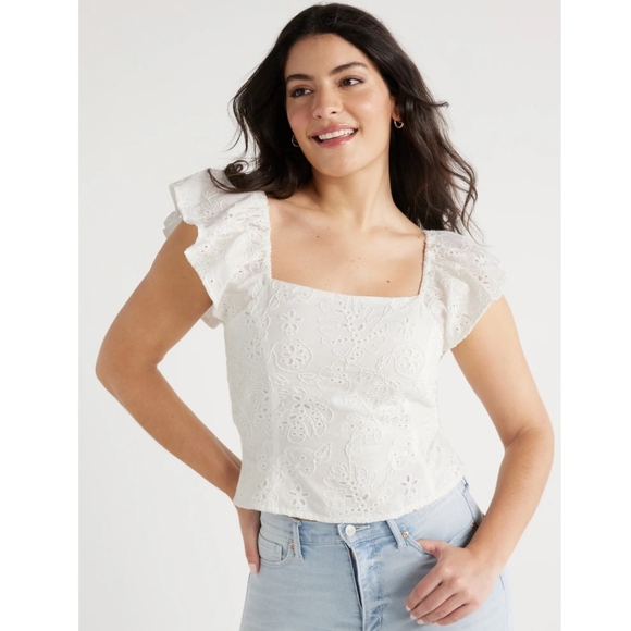 sofia by sofia vergara Tops - Sofia Jeans By Sofia Vergara White Eyelet Floral Ruffle Sleeve Top Womens XL
